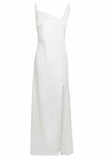 Ivory Satin Asymmetric Backless Maxi Dress